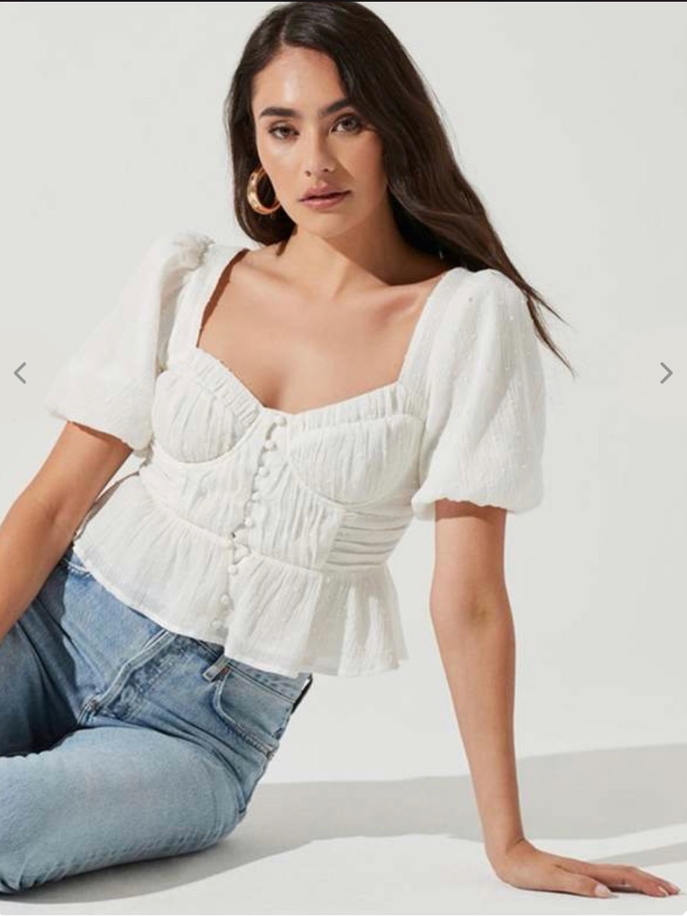 NWT Astr White Puff-Sleeve Button Peplum Top